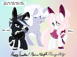 Size: 2360x1757 | Tagged: safe, artist:mistress midnight, artist:mommymidday, oc, oc only, oc:mistress, oc:mommy midday, oc:sew shiny, pony, unicorn, blushing, bowtie, bunny ears, bunny suit, clothes, cufflinks, cuffs, cuffs (clothes), dialogue, easter, eyeliner, eyeshadow, female, fetish, fetish fuel, happy easter, holiday, latex, latex suit, makeup, raised hoof, rubber, rubber suit, shiny, show accurate, signature, trio, trio female