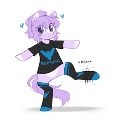Size: 770x810 | Tagged: safe, artist:higgly-chan, oc, oc only, oc:mio, earth pony, pony, bipedal, clothes, cute, dc comics, dick grayson, female, heart, hoofy-kicks, mare, markings, nightwing, shirt, simple background, socks, solo, t-shirt, white background