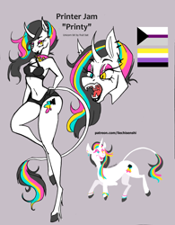 Size: 1998x2560 | Tagged: safe, artist:liechisenshi, oc, oc only, oc:printer jam, undead, unicorn, vampire, anthro, unguligrade anthro, anthro with ponies, curved horn, demisexual pride flag, fangs, horn, leonine tail, nonbinary pride flag, pride, pride flag, reference sheet, solo, tail