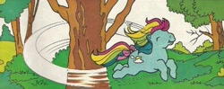 Size: 883x348 | Tagged: safe, official comic, sunlight (g1), earth pony, pony, g1, official, blue coat, bow, comic strip, eyes closed, fast, female, happy, leaping, mare, multicolored hair, multicolored mane, rainbow hair, running, solo, tail, tail bow, tree