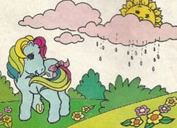 Size: 460x332 | Tagged: safe, official comic, sunlight (g1), earth pony, pony, g1, official, blue coat, bow, cloud, flower, horseshoes, multicolored hair, outdoors, purple eyes, rain, rainbow hair, raised hoof, solo, sun, tail, tail bow