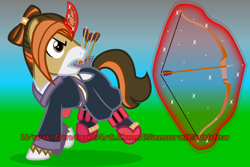 Size: 1544x1032 | Tagged: safe, artist:samurai echidna, artist:samurai equine, oc, oc only, oc:samurai equine, pony, unicorn, angry, archery, arrow, boots, bow (weapon), clothes, japanese, magic, male, profile, running, shoes, side view, simple background, stallion, vector