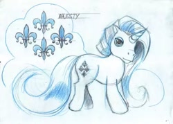 Size: 600x429 | Tagged: safe, artist:steve beaumont, majesty, pony, unicorn, g1, g3, blue hair, concept art, cutie mark, g1 to g3, generation leap, goth, lidded eyes, long mane, reference sheet, sketch, sketch dump, solo, traditional art, what could have been
