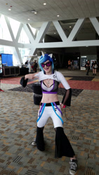 Size: 1837x3265 | Tagged: safe, artist:owl-eye-2010, dj pon-3, vinyl scratch, human, bronycon, bronycon 2016, g4, belly button, clothes, converse, cosplay, costume, irl, irl human, photo, shoes