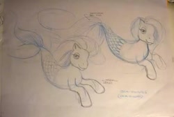 Size: 540x365 | Tagged: safe, artist:steve beaumont, merpony, pony, sea pony, g3, concept art, duo, female, lidded eyes, low quality, mare, paper, sketch, sketch dump, traditional art, unnamed character, unnamed pony, what could have been
