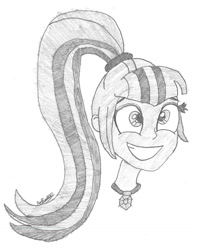 Size: 848x1068 | Tagged: safe, artist:owl-eye-2010, sonata dusk, human, equestria girls, g4, 2015, bust, female, gem, grin, monochrome, pencil drawing, signature, siren gem, smiling, solo, traditional art