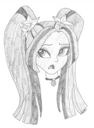 Size: 1148x1564 | Tagged: safe, artist:owl-eye-2010, aria blaze, human, equestria girls, g4, 2015, bust, female, frown, gem, monochrome, open mouth, pencil drawing, signature, siren gem, solo, traditional art