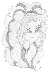 Size: 1198x1645 | Tagged: safe, artist:owl-eye-2010, adagio dazzle, human, equestria girls, g4, 2015, bust, female, gem, monochrome, pencil drawing, signature, siren gem, smiling, smirk, solo, traditional art