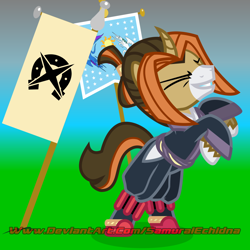 Size: 1032x1032 | Tagged: safe, artist:samurai echidna, artist:samurai equine, oc, oc only, oc:samurai equine, pony, unicorn, bipedal, boots, clothes, flag, flag pole, happy, japanese, male, rearing, shoes, simple background, stallion, standing, standing on two hooves, three quarter view, vector