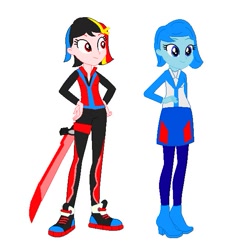 Size: 587x611 | Tagged: safe, artist:robertsonskywa1, human, equestria girls, g4, boots, chromia, clothes, converse, duo, duo female, equestria girls-ified, female, hairclip, hand on hip, leggings, shoes, simple background, skintight, skintight clothes, skirt, smiling, sword, transformers, weapon, white background, windblade