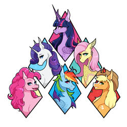 Size: 1280x1279 | Tagged: safe, artist:woodlanduni, applejack, fluttershy, pinkie pie, rainbow dash, rarity, twilight sparkle, alicorn, earth pony, pegasus, pony, unicorn, g4, female, mane six, mare, simple background, transparent background, twilight sparkle (alicorn)