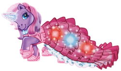 Size: 580x338 | Tagged: safe, lily lightly, pony, unicorn, g3, official, blue eyes, clothes, dress, female, formal wear, glowing, glowing horn, high heels, horn, jewelry, mare, necklace, pink mane, purple coat, purple mane, shoes, simple background, solo, sparkles, transparent background