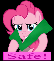 Size: 634x720 | Tagged: safe, artist:felix-kot, edit, pinkie pie, earth pony, pony, a friend in deed, g4, black background, check, check em, check mark, felt, felt check, female, mare, reaction image, simple background, solo