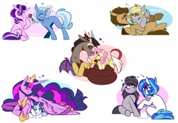 Size: 2048x1423 | Tagged: safe, artist:lrusu, derpy hooves, discord, dj pon-3, doctor whooves, fluttershy, octavia melody, rarity, starlight glimmer, time turner, trixie, twilight sparkle, vinyl scratch, alicorn, earth pony, pegasus, pony, unicorn, g4, the last problem, blush sticker, blushing, crown, female, flower, heart, jewelry, laughing, lesbian, lying down, male, older, older twilight, older twilight sparkle (alicorn), princess twilight 2.0, regalia, rose, ship:discoshy, ship:doctorderpy, ship:rarilight, ship:scratchtavia, ship:startrix, shipping, simple background, sitting, smiling, straight, twilight sparkle (alicorn), white background, wing blanket, wings
