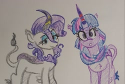 Size: 2048x1378 | Tagged: safe, artist:pony quarantine, rarity, twilight sparkle, kirin, g4, crayon drawing, duo, kirin-ified, looking at you, species swap, traditional art