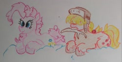 Size: 2048x1039 | Tagged: safe, artist:pony quarantine, applejack, pinkie pie, earth pony, fish, pony, yakutian horse, g4, crayon drawing, duo, female, fluffy, food, hair over eyes, hat, lying down, mare, mouth hold, ponies eating meat, ponies eating seafood, prone, race swap, seafood, traditional art, unshorn fetlocks