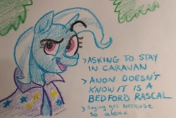 Size: 2048x1376 | Tagged: safe, artist:pony quarantine, trixie, pony, unicorn, g4, crayon drawing, female, living in a van down by the river, mare, open mouth, open smile, raised eyebrow, smiling, solo, text, traditional art