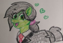 Size: 2048x1421 | Tagged: safe, artist:pony quarantine, oc, oc:anon-mare, earth pony, pony, clothes, crayon drawing, female, floating heart, heart, looking at you, mare, necktie, open mouth, open smile, smiling, smiling at you, solo, suit, traditional art