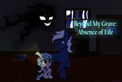 Size: 2233x1506 | Tagged: safe, artist:lullabyjak, cozy glow, princess luna, alicorn, ghost, pegasus, pony, undead, g4, abandoned, broken glass, commission, cover art, female, flashlight (object), grin, shadow, smiling, wavy mouth