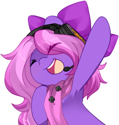 Size: 1000x1046 | Tagged: safe, artist:loyaldis, oc, oc only, oc:lillybit, earth pony, pony, adorkable, armpits, bow, commission, cute, dork, excited, gaming headset, headphones, headset, ribbon, simple background, smiling, solo, transparent background, ych result