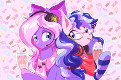 Size: 2634x1738 | Tagged: safe, artist:smilesfps, oc, oc:cinnabyte, oc:lillybit, pony, adorkable, bow, cinnabetes, clothes, commission, cute, dork, duo, food, headphones, headset, ice cream, milkshake, ribbon, smiling, socks, striped socks