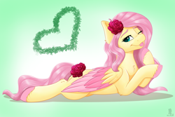 Size: 3000x2000 | Tagged: safe, artist:monsoonvisionz, fluttershy, pegasus, pony, ;p, colored wings, colored wingtips, cute, daaaaaaaaaaaw, female, flower, flower in hair, freckles, freckleshy, high res, looking at you, lying down, mare, multicolored wings, one eye closed, prone, rose, shyabetes, solo, tongue out, unshorn fetlocks, wings, wink, winking at you