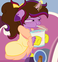 Size: 1092x1152 | Tagged: safe, artist:kathepart, oc, oc only, oc:kathepaint, pony, unicorn, clothes, freckles, horn, purple, solo, underwear, unicorn oc, yellow underwear