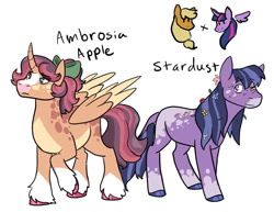 Size: 1024x789 | Tagged: safe, artist:moonstruck-badger, applejack, twilight sparkle, oc, oc:ambrosia apple, oc:stardust, alicorn, earth pony, pony, g4, alicorn oc, appaloosa, bow, brother and sister, coat markings, earth pony oc, eye clipping through hair, eyebrows, eyebrows visible through hair, female, frown, hair bow, horn, lesbian, magical lesbian spawn, male, mare, offspring, one eye closed, parent:applejack, parent:twilight sparkle, parents:twijack, ship:twijack, shipping, siblings, simple background, smiling, socks (coat markings), stallion, twilight sparkle (alicorn), unshorn fetlocks, white background, wings