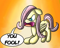 Size: 1280x1024 | Tagged: safe, artist:saburodaimando, fluttershy, pegasus, pony, g4, angry, female, floppy ears, frown, gilbert gottfried, hair over one eye, hollywood squares, in memoriam, mare, open mouth, rest in peace, solo, tribute, yelling, you fool