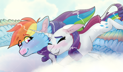 Size: 1280x752 | Tagged: safe, artist:bushkit, rainbow dash, rarity, pegasus, pony, unicorn, g4, blushing, cheek feathers, clothes, colored wings, eyes closed, female, flying, hug, leonine tail, lesbian, mare, multicolored wings, obtrusive watermark, rainbow wings, riding, scarf, ship:raridash, shipping, spread wings, tail, watermark, wings