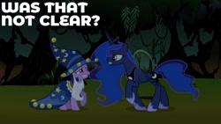 Size: 1280x720 | Tagged: safe, edit, edited screencap, editor:quoterific, screencap, princess luna, twilight sparkle, alicorn, pony, unicorn, g4, luna eclipsed, season 2, clothes, cosplay, costume, crown, duo, female, jewelry, mare, nightmare night costume, regalia, star swirl the bearded costume, text, twilight the bearded, unicorn twilight