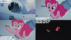Size: 1280x720 | Tagged: safe, edit, edited screencap, editor:quoterific, screencap, pinkie pie, earth pony, pony, g4, party pooped, season 5, female, mare, open mouth, open smile, smiling, snow, text