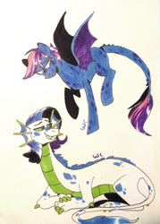 Size: 1983x2773 | Tagged: safe, artist:waackery-adoptables, oc, oc only, dracony, hybrid, duo, flying, half-siblings, interspecies offspring, lying down, magical lesbian spawn, offspring, parent:princess ember, parent:rarity, parent:spike, parents:emberity, parents:sparity, traditional art