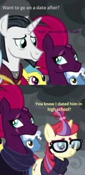 Size: 1080x2237 | Tagged: safe, edit, edited screencap, editor:decokenite, screencap, chancellor neighsay, fizzlepop berrytwist, lemon hearts, moondancer, pokey pierce, tempest shadow, pony, g4, the ending of the end, asking, broken horn, caption, close-up, clothes, cropped, dating, female, glasses, horn, i ship it, just kiss already, looking at someone, male, mare, meme, ponies standing next to each other, ponytail, question, scar, shipping, stallion, straight, sweater, tempest neighsay, text