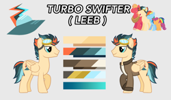Size: 3122x1836 | Tagged: safe, artist:turboswifter, derpibooru exclusive, big macintosh, rainbow dash, scootaloo, oc, oc:turbo swifter, pegasus, pony, g4, clothes, goggles, jacket, male, reference sheet, size comparison, stallion