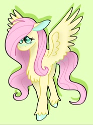 Size: 639x863 | Tagged: safe, artist:artsysimurgh, fluttershy, pegasus, pony, g4, chest fluff, female, green background, mare, shy, simple background, solo, spread wings, unshorn fetlocks, wings