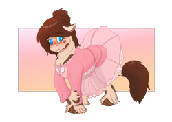 Size: 4960x3508 | Tagged: safe, artist:cinnamon-tinna-twist, oc, oc only, oc:kie dough, earth pony, pony, abstract background, absurd resolution, arm hooves, blushing, breasts, chestbreasts, cleavage, clothes, crossdressing, cute, dress, earth pony oc, leonine tail, male, ocbetes, quadrupedal chest boobs, solo, tail, transparent background, unshorn fetlocks