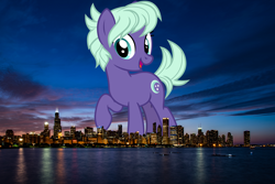 Size: 4000x2670 | Tagged: safe, artist:cheezedoodle96, artist:thegiantponyfan, edit, night view, earth pony, pony, g4, chicago, female, friendship student, giant pony, giant/macro earth pony, giantess, high res, highrise ponies, illinois, irl, looking at you, macro, mare, mega giant, open mouth, photo, ponies in real life, raised hoof, smiling, solo