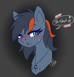 Size: 1342x1400 | Tagged: safe, artist:drawing-assassin-art, oc, oc only, oc:night tracer, bat pony, pony, bat pony oc, blushing, bust, chest fluff, dialogue, dog tags, ear fluff, fangs, female, gray background, mare, simple background, solo, sweat, sweatdrop