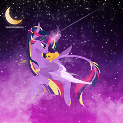 Size: 1440x1440 | Tagged: safe, artist:ryrxian, twilight sparkle, oc, oc:iris, alicorn, pony, g4, baby, crescent moon, curved horn, duo, female, flying, glowing, glowing horn, horn, looking back, mare, moon, mother and child, mother and daughter, night, offspring, parent:flash sentry, parent:twilight sparkle, parents:flashlight, riding, shooting star, stars, transparent moon, twilight sparkle (alicorn)