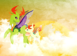 Size: 2865x2094 | Tagged: safe, artist:ryrxian, thorax, oc, changedling, changeling, changepony, hybrid, g4, antlers, changedling oc, changeling oc, duo, flying, high res, interspecies offspring, king thorax, looking back, male, offspring, outdoors, parent:princess celestia, parent:thorax, parents:thoralestia, wings