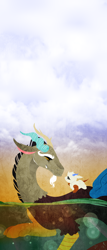 Size: 1602x3743 | Tagged: safe, artist:ryrxian, discord, oc, oc only, draconequus, hybrid, pony, g4, bubble, cloud, crepuscular rays, duo, interspecies offspring, looking back, male, ocean, offspring, outdoors, parent:discord, parent:fluttershy, parents:discoshy, sky, smiling, sunlight, swimming, underwater, water
