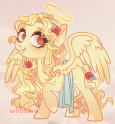 Size: 2101x2264 | Tagged: safe, artist:whohwo, oc, oc only, angel, pony, base used, eyelashes, female, flower, flower in hair, grin, halo, high res, mare, raised hoof, simple background, smiling, solo, wings