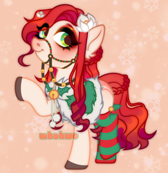 Size: 2284x2350 | Tagged: safe, artist:whohwo, oc, oc only, earth pony, pony, base used, clothes, colored hooves, ear fluff, earth pony oc, eyelashes, female, flower, flower in hair, halter, high res, makeup, mare, raised hoof, socks, solo, striped socks, tack
