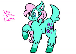 Size: 1280x915 | Tagged: safe, artist:katisnothere, cha cha, llama, g1, g4, female, g1 to g4, generation leap, green coat, happy, pink hair, raised hoof, simple background, solo, white background