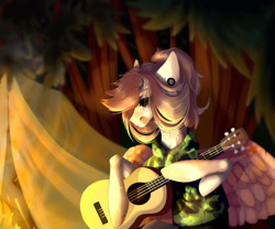 Size: 1280x1065 | Tagged: safe, artist:meggychocolatka, oc, oc only, pegasus, pony, bust, camp, clothes, ear piercing, female, forest, guitar, hair over one eye, mare, musical instrument, outdoors, pegasus oc, piercing, solo, tent, thin, tree, wings