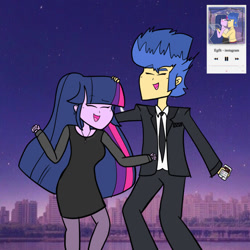 Size: 1242x1242 | Tagged: safe, artist:egflt, flash sentry, twilight sparkle, alicorn, human, equestria girls, g4, classy, clothes, costume, dancing, dark, dress, female, having fun, jewelry, love, male, necklace, phone, ship:flashlight, shipping, straight, twilight sparkle (alicorn)