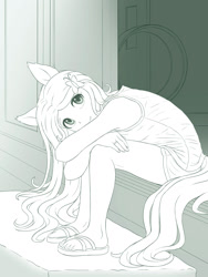 Size: 1350x1800 | Tagged: safe, artist:symbianl, fluttershy, anthro, monochrome, sandals, smiling, solo