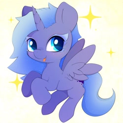 Size: 3000x3000 | Tagged: safe, artist:zokkili, princess luna, alicorn, pony, g4, :p, blue eyes, colored eyelashes, cute, ethereal mane, female, filly, flying, foal, full body, high res, hooves, horn, looking at you, lunabetes, simple background, solo, spread wings, tongue out, wings, woona, younger