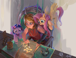 Size: 1988x1527 | Tagged: safe, artist:掷骰儿, fluttershy, twilight sparkle, alicorn, human, pegasus, pony, g4, calligraphy, chinese, female, flying, horn, looking at something, mare, open mouth, paintbrush, trio, trio female, twilight sparkle (alicorn), wings